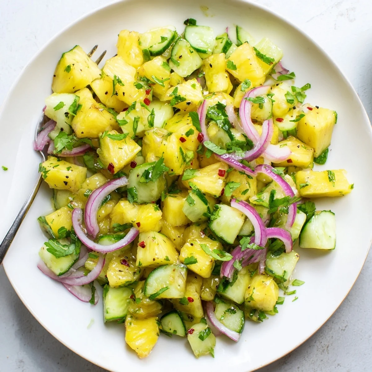 Bright lime-dressed Pineapple Cucumber Salad showcasing tropical sweetness and cool crunch
