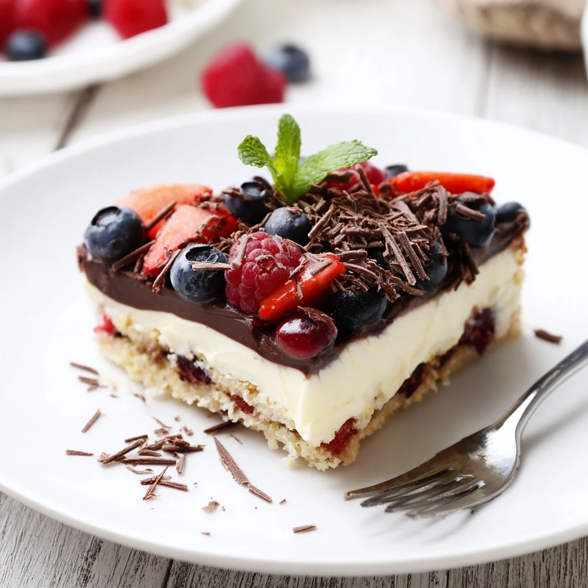 The Ultimate Dessert Recipe: layered chocolate ganache, vanilla cream, fresh berry topping
