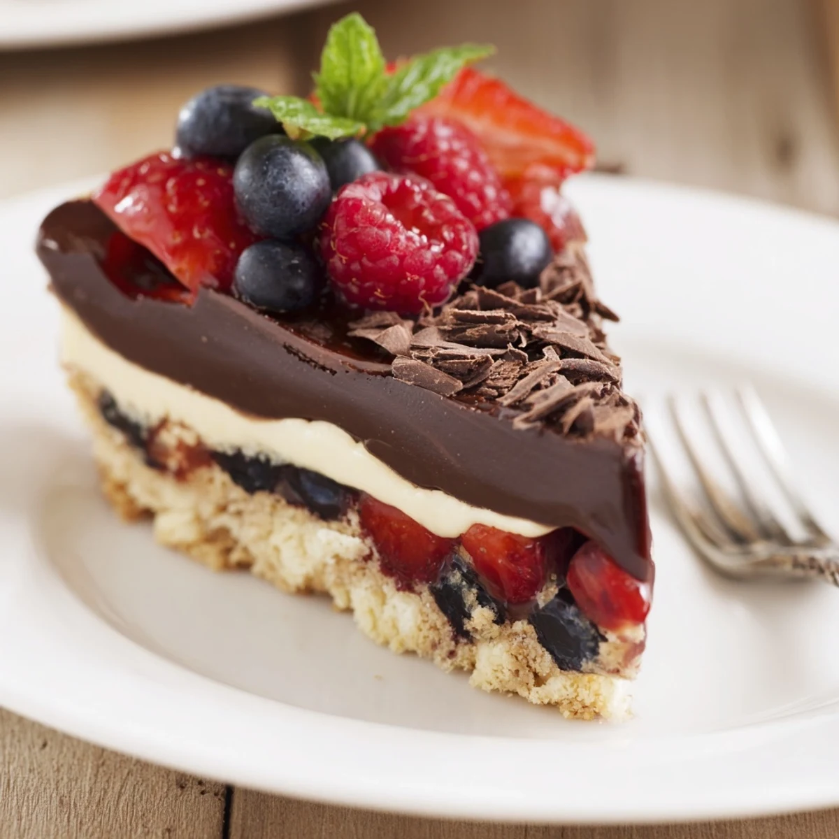 A slice of The Ultimate Dessert Recipe resting on plate, mint garnish