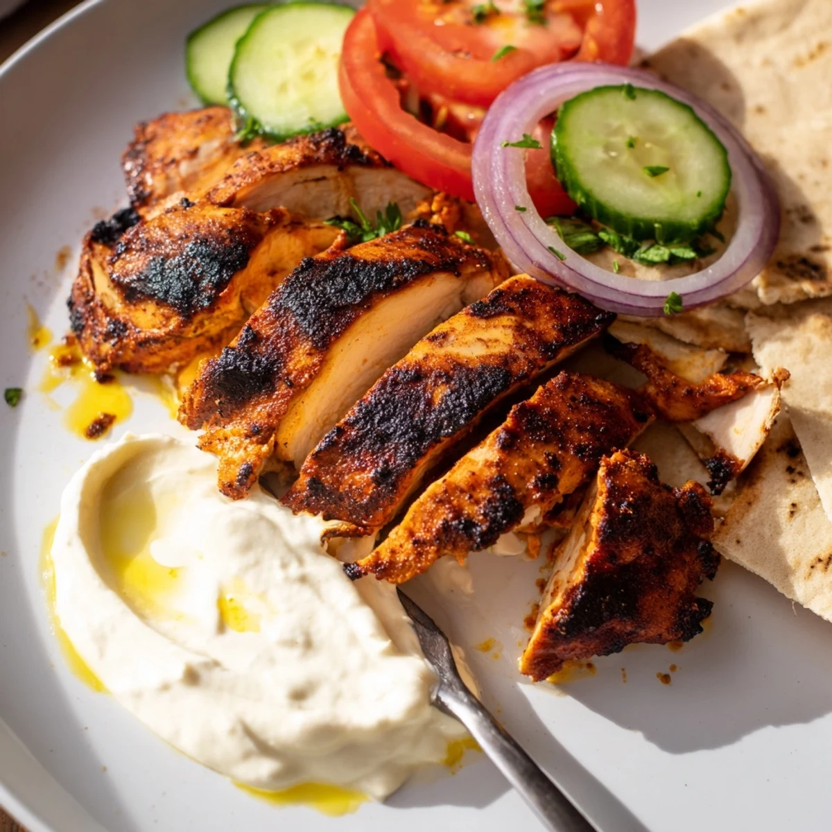 Grilled Shawarma Chicken With Garlic Sauce, aromatic spices and lemony toum for wraps
