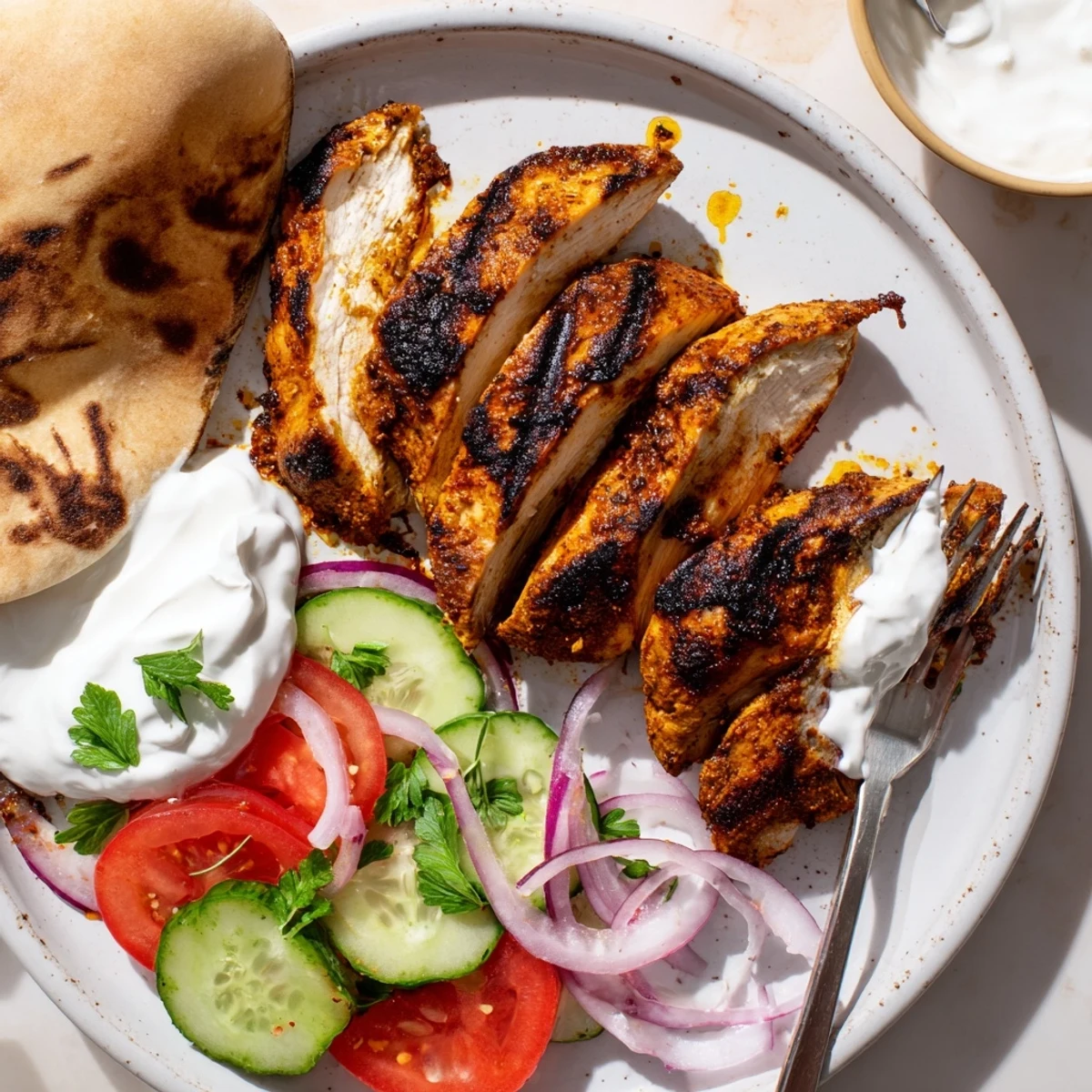 Juicy, charred Shawarma Chicken With Garlic Sauce piled in warm pita, fresh parsley