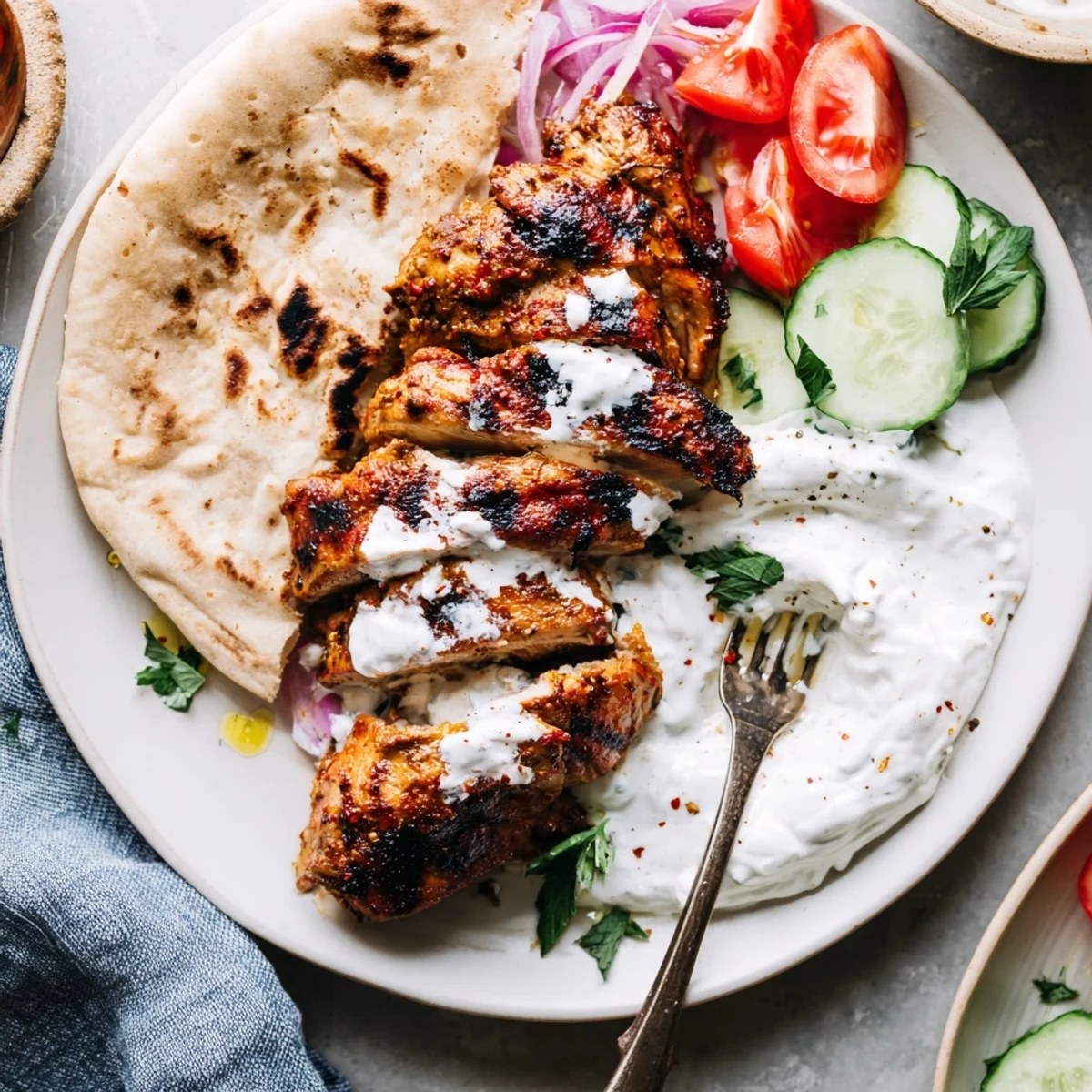 Thinly sliced Shawarma Chicken With Garlic Sauce served over rice and crisp salad