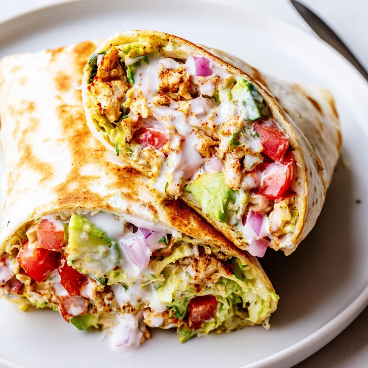 Toasted Chicken Avocado Ranch Burritos halved, creamy avocado and juicy chicken visible