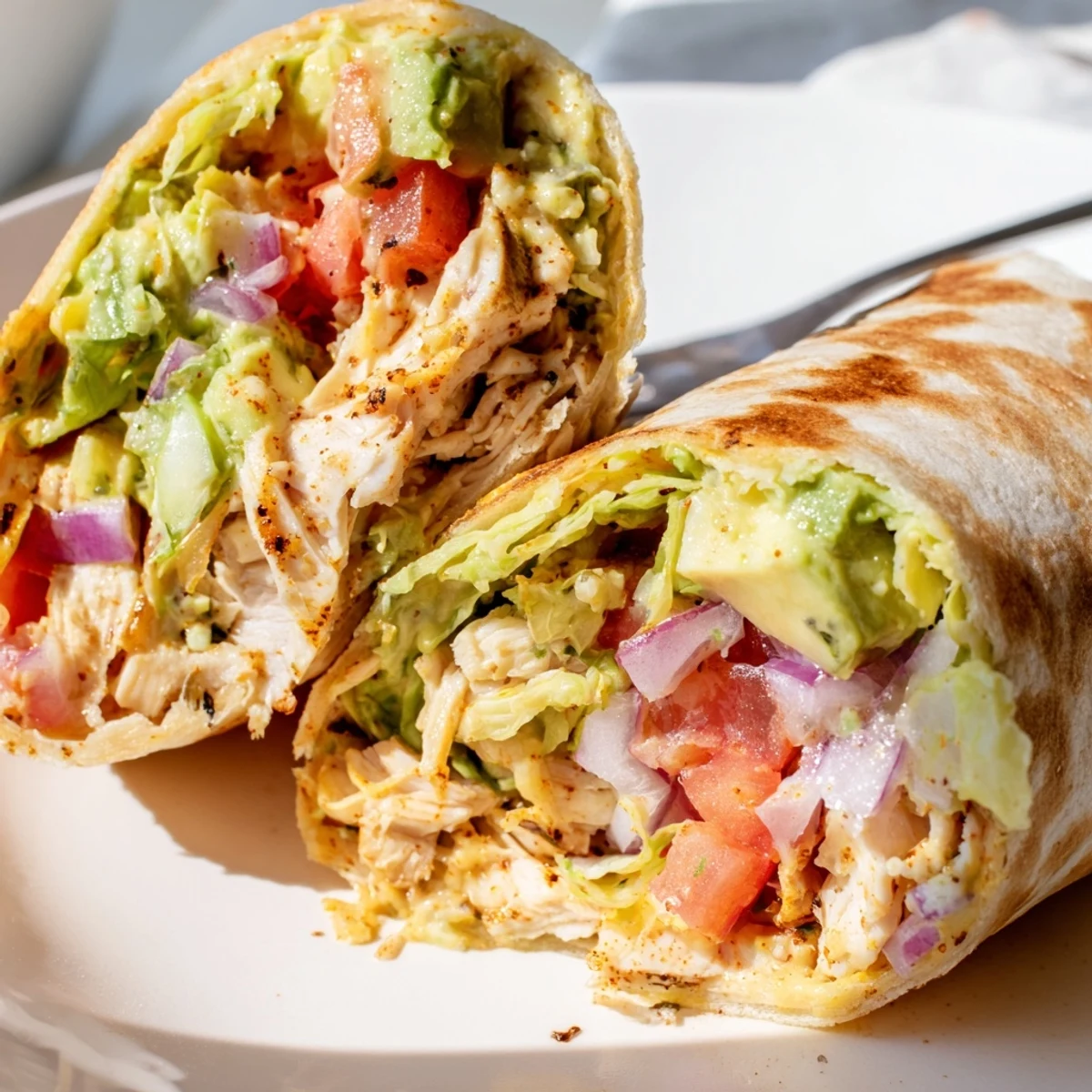 Warm Chicken Avocado Ranch Burritos on skillet, golden edges and melty cheese