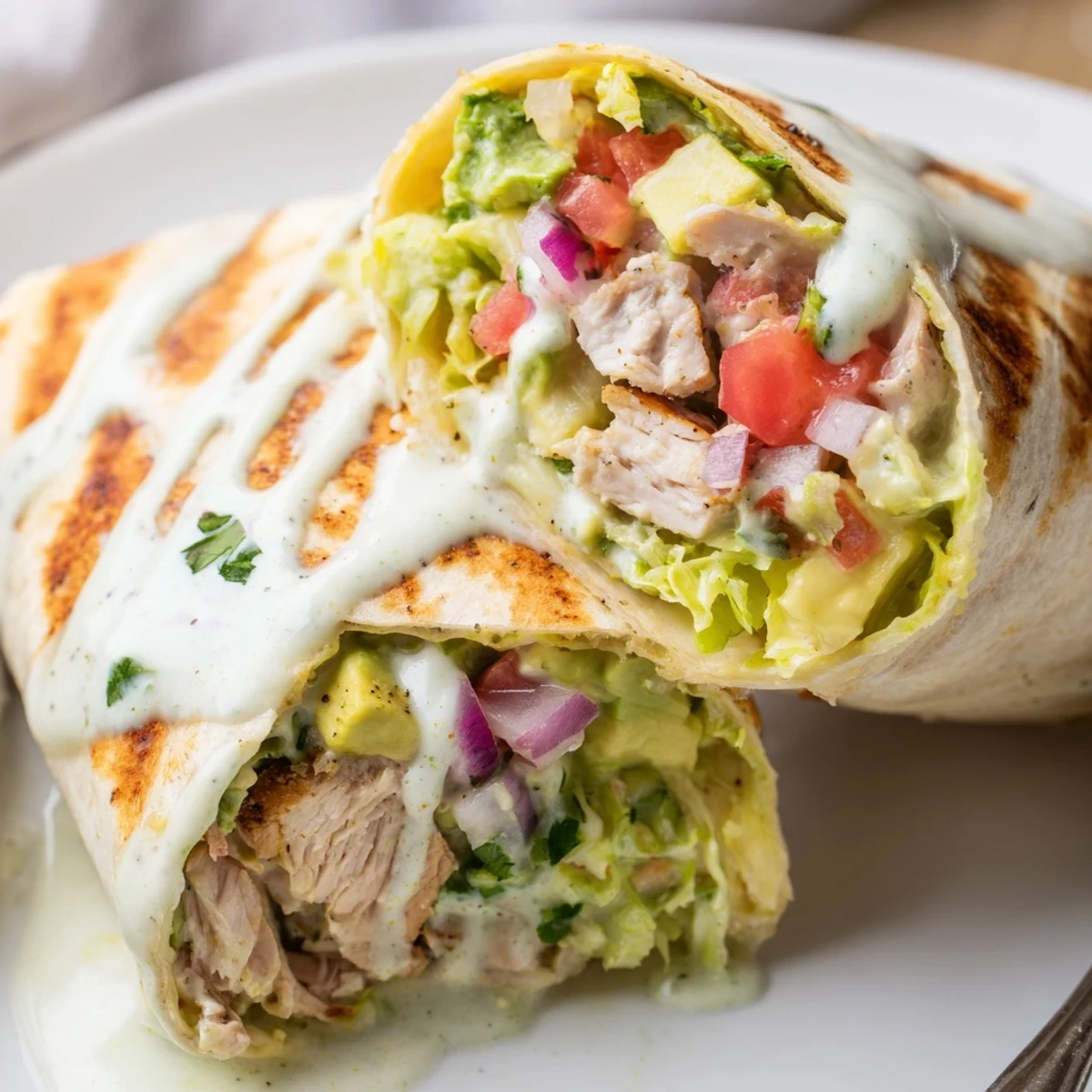 Family-style Chicken Avocado Ranch Burritos sliced, served with zesty lime and cilantro