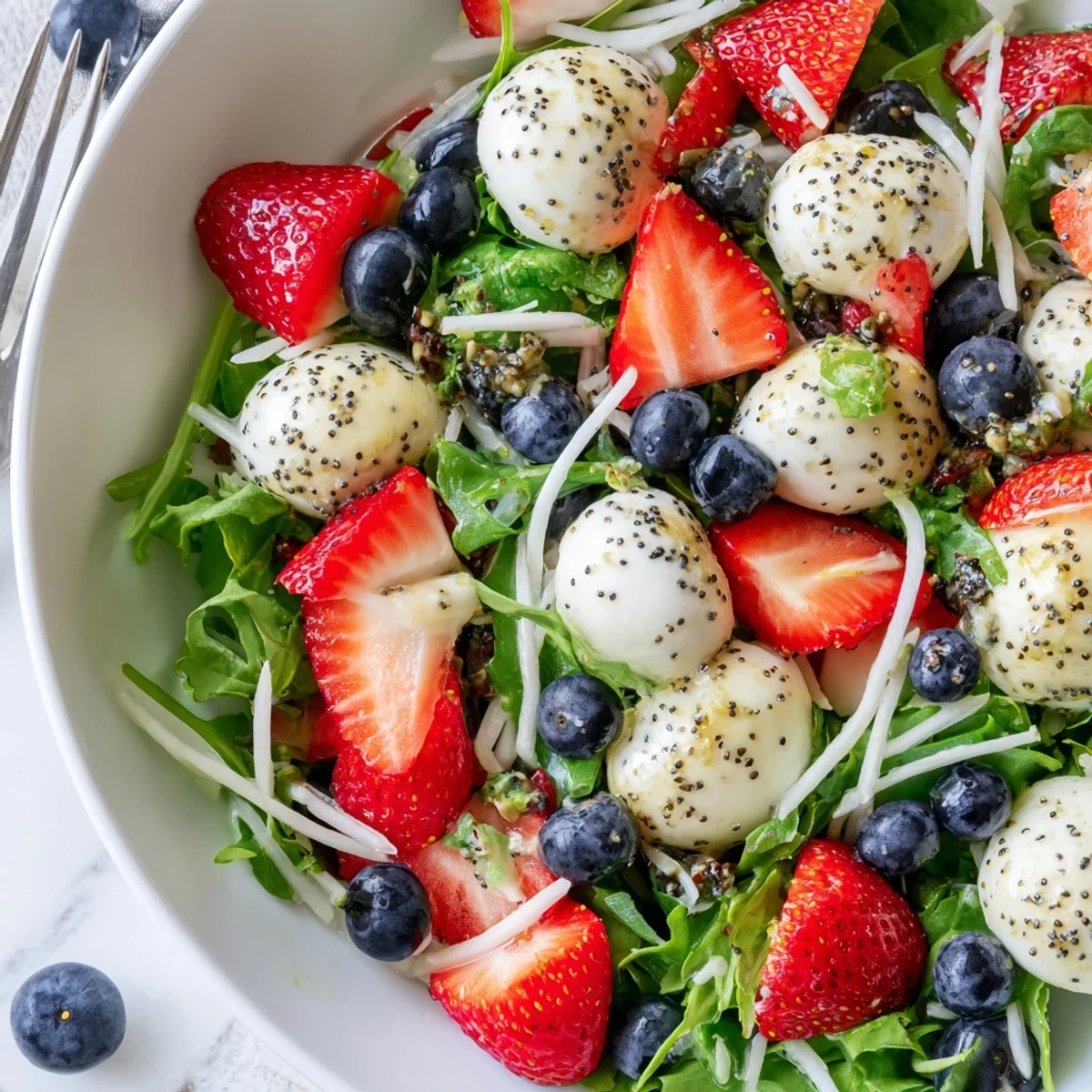 Bright 4th Of July Salad on a platter, tossed with tangy poppy seed dressing.