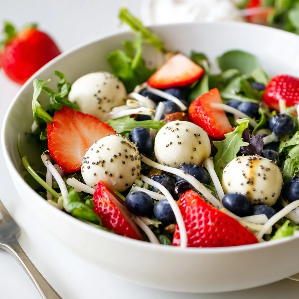 4th Of July Salad with glossy strawberries, blueberries, and creamy mozzarella.