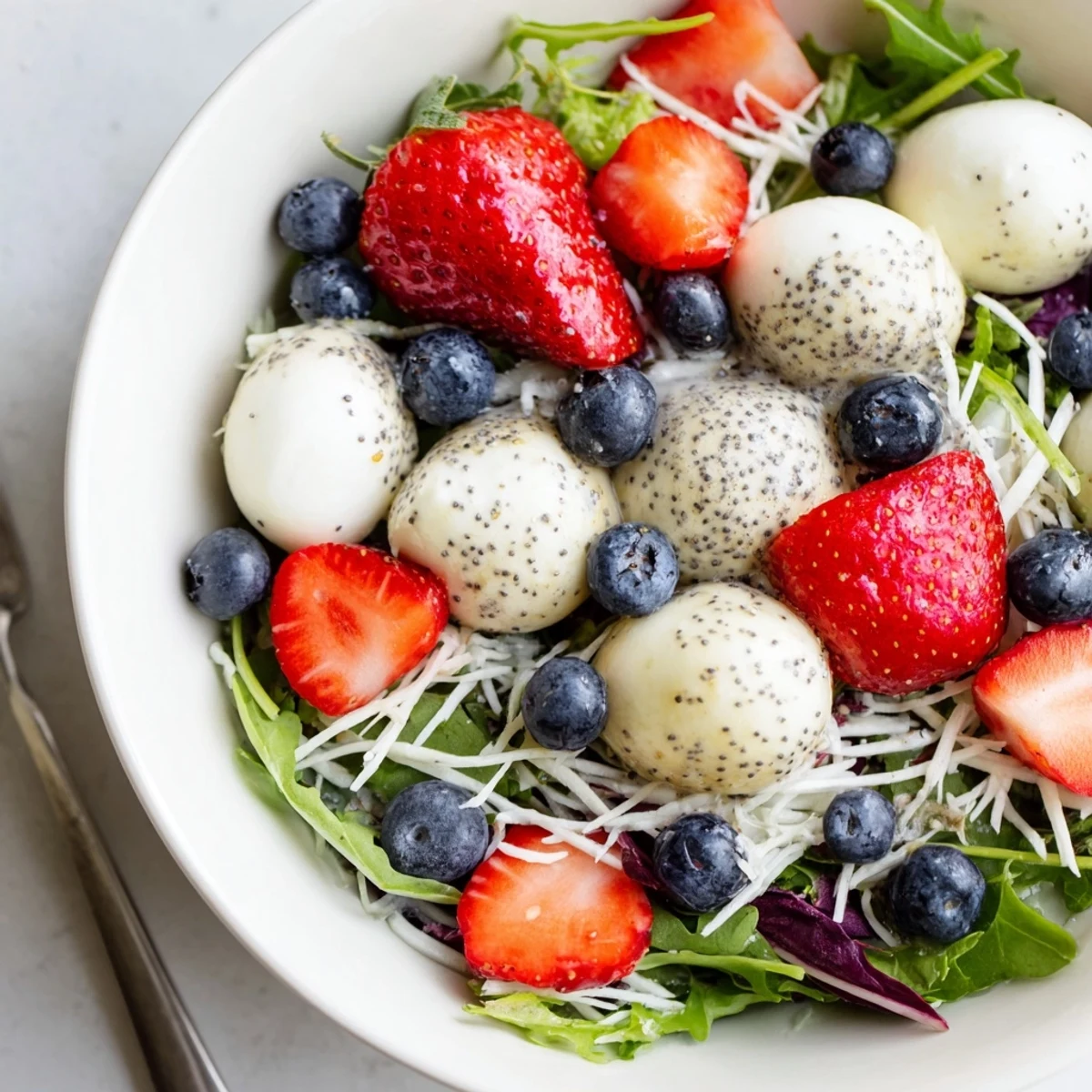 Cool 4th Of July Salad featuring crisp jicama, peppery arugula, chilled mozzarella.