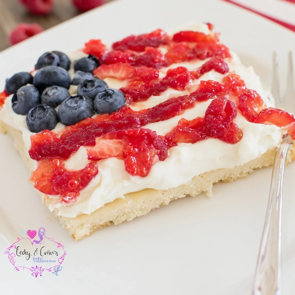 Sugar Cookie Flag Fruit Pizza on parchment, creamy frosting and vibrant berries