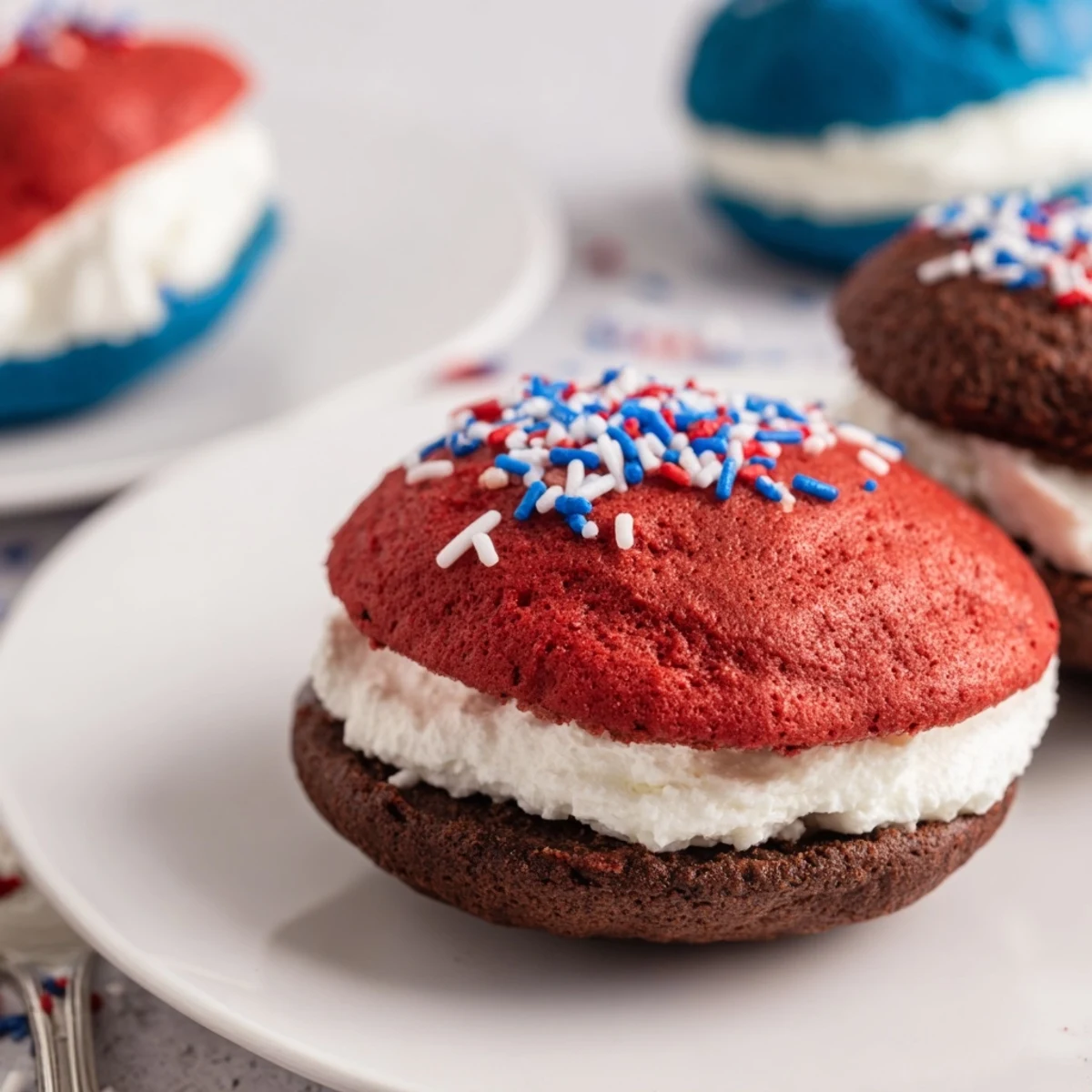 Patriotic Whoopie Pies Dessert For July Memorial Day displayed on cooling rack.