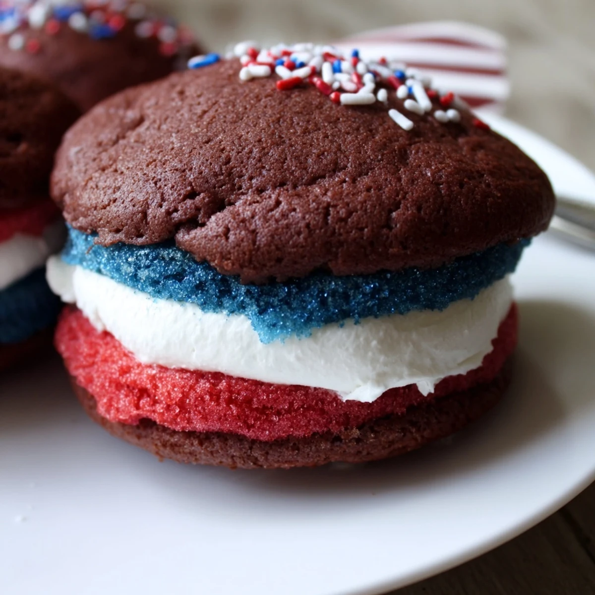 Close-up of Patriotic Whoopie Pies Dessert For July Memorial Day with creamy frosting.