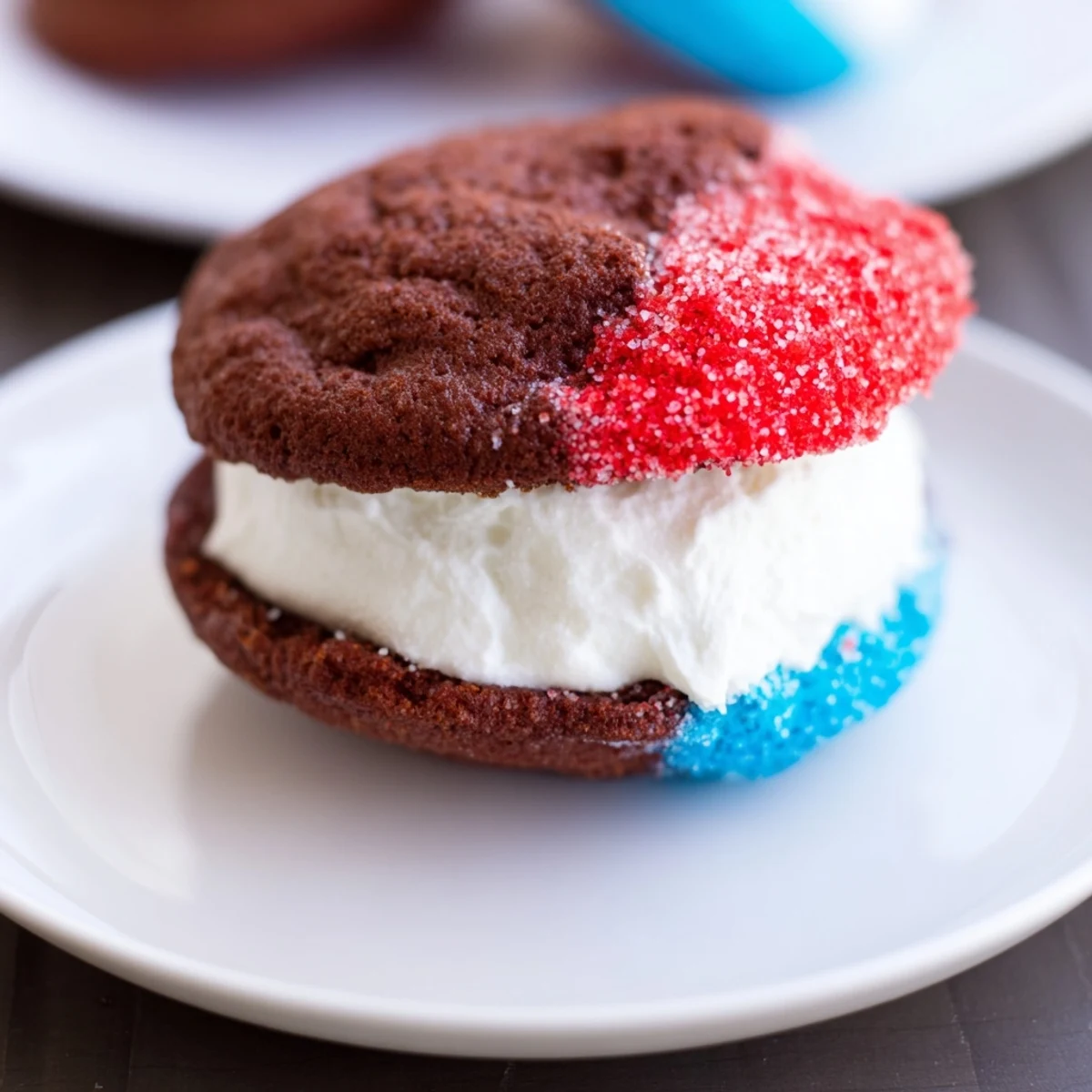 Stack of Patriotic Whoopie Pies Dessert For July Memorial Day, red white blue frosting.