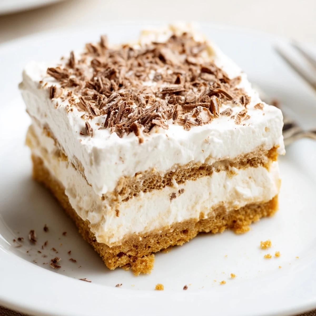 No Bake Layered Dessert chilled in dish, creamy pudding and whipped peaks