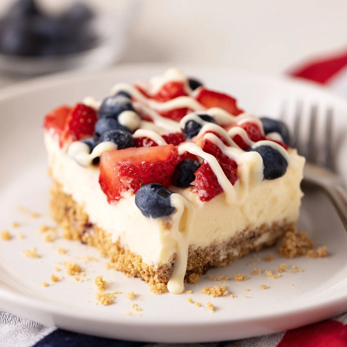 Patriotic Cheesecake Bars with creamy filling and buttery graham crust, chilled.