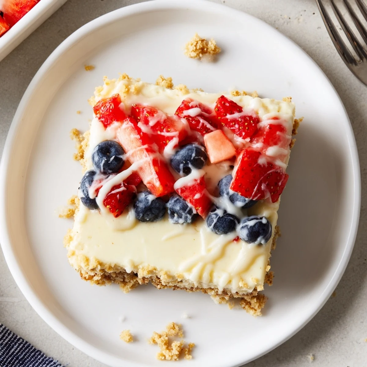 Patriotic Cheesecake Bars topped with vibrant strawberries and blueberries for the Fourth of July.