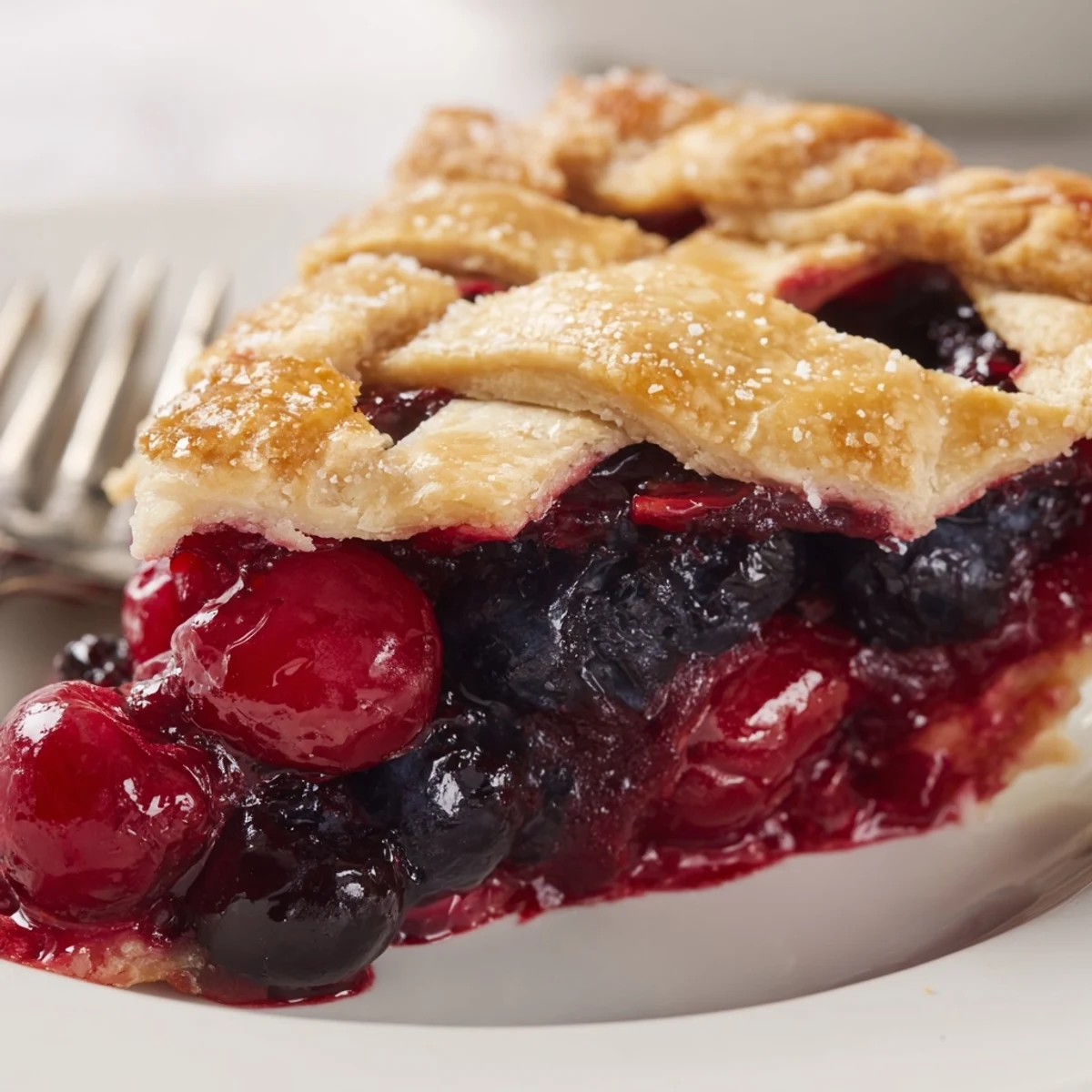 Golden crusted Cherry And Blueberry Pie with bubbling glossy filling, served warm.