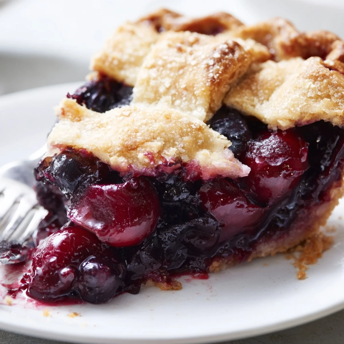Sliced Cherry And Blueberry Pie on white plate, flaky crust, vanilla ice cream.