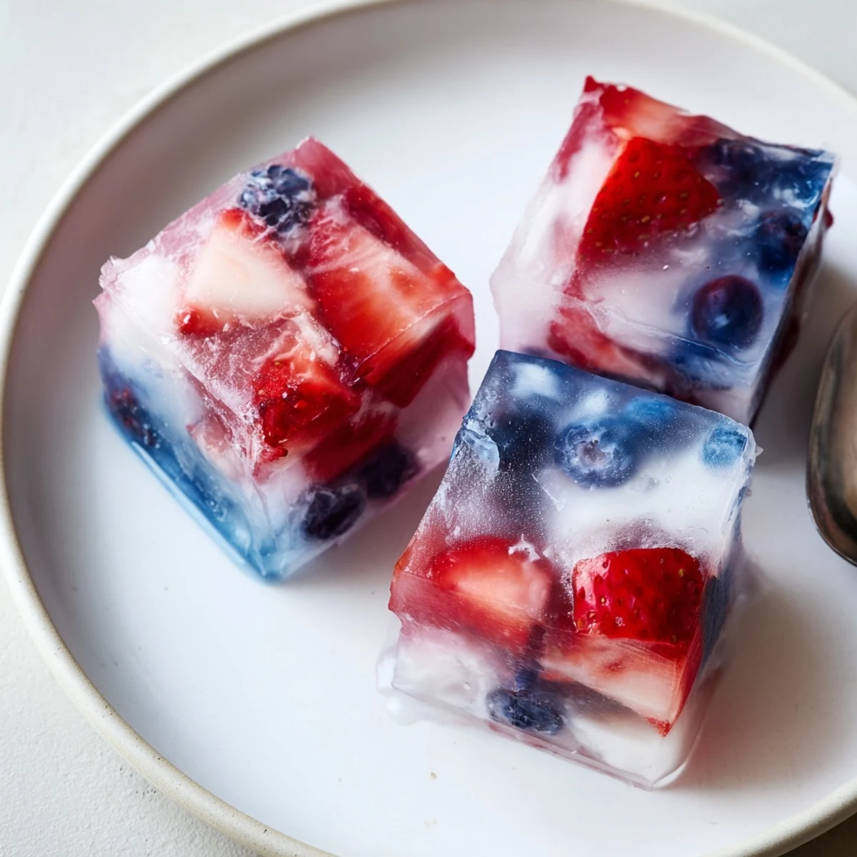 Red White And Blue Ice Cubes Recipe showing vibrant layered fruit, chilling lemonade