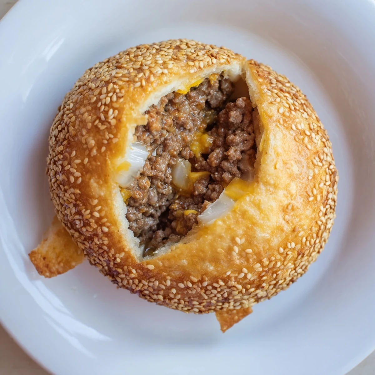 Golden baked Cheesy Cheeseburger Bombs Explosion Recipe with oozing cheddar.