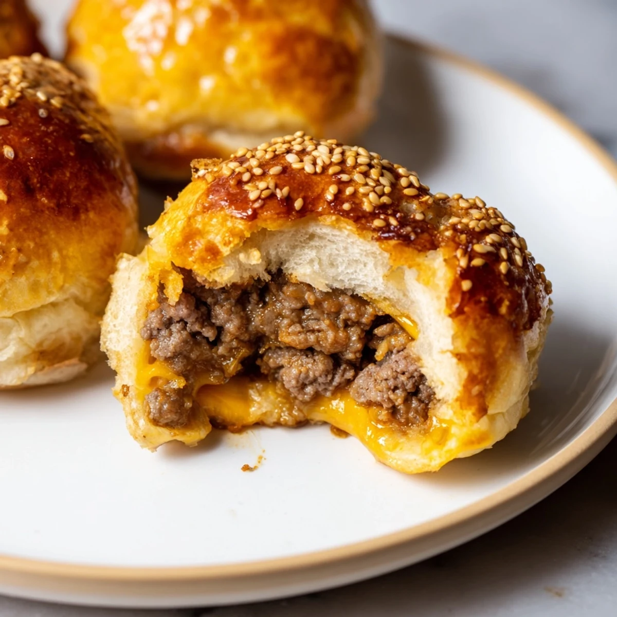 Cheesy Cheeseburger Bombs Explosion Recipe split open, juicy beef and melted mozzarella.