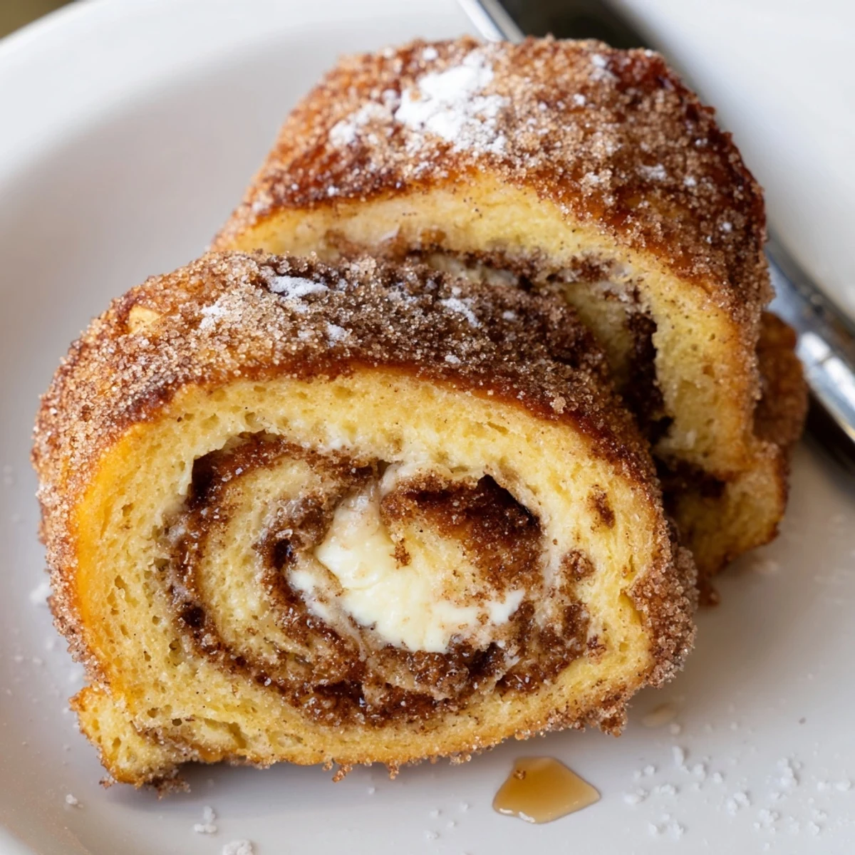 Cinnamon Roll French Toast Roll Ups glistening with cinnamon sugar, warm and gooey.