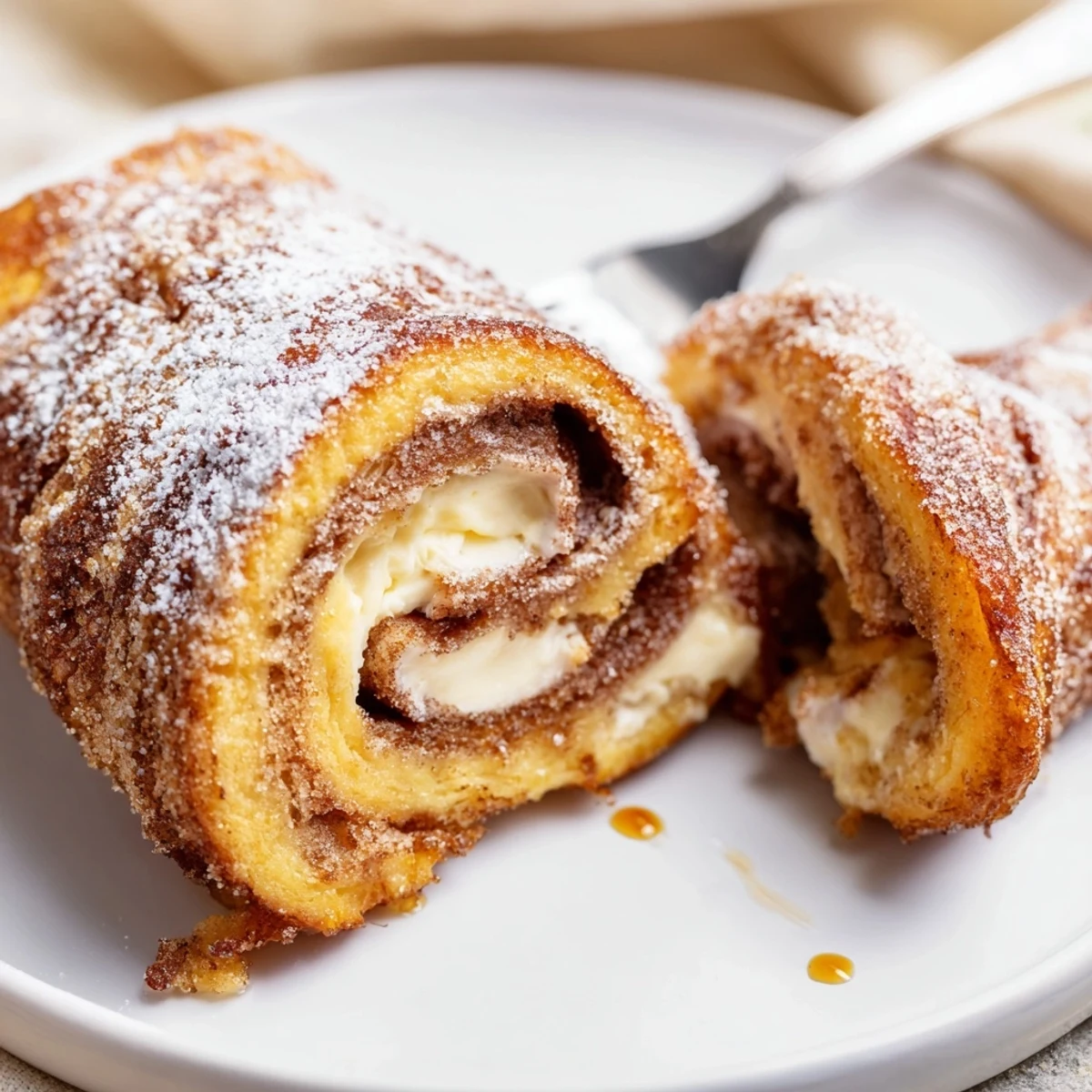 Skillet fried Cinnamon Roll French Toast Roll Ups served with maple syrup drizzle.
