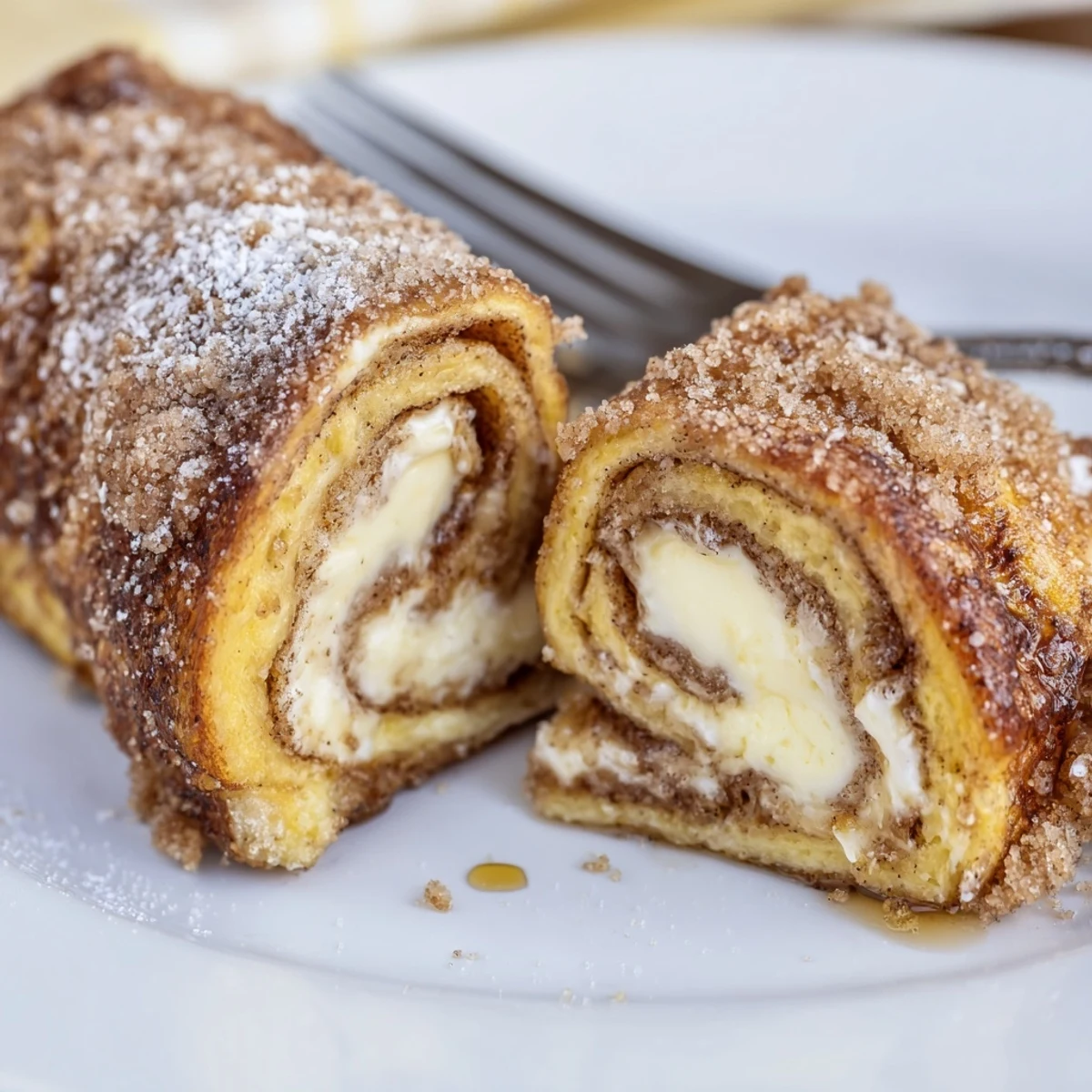 Warm Cinnamon Roll French Toast Roll Ups rolled tight, cream cheese oozing.