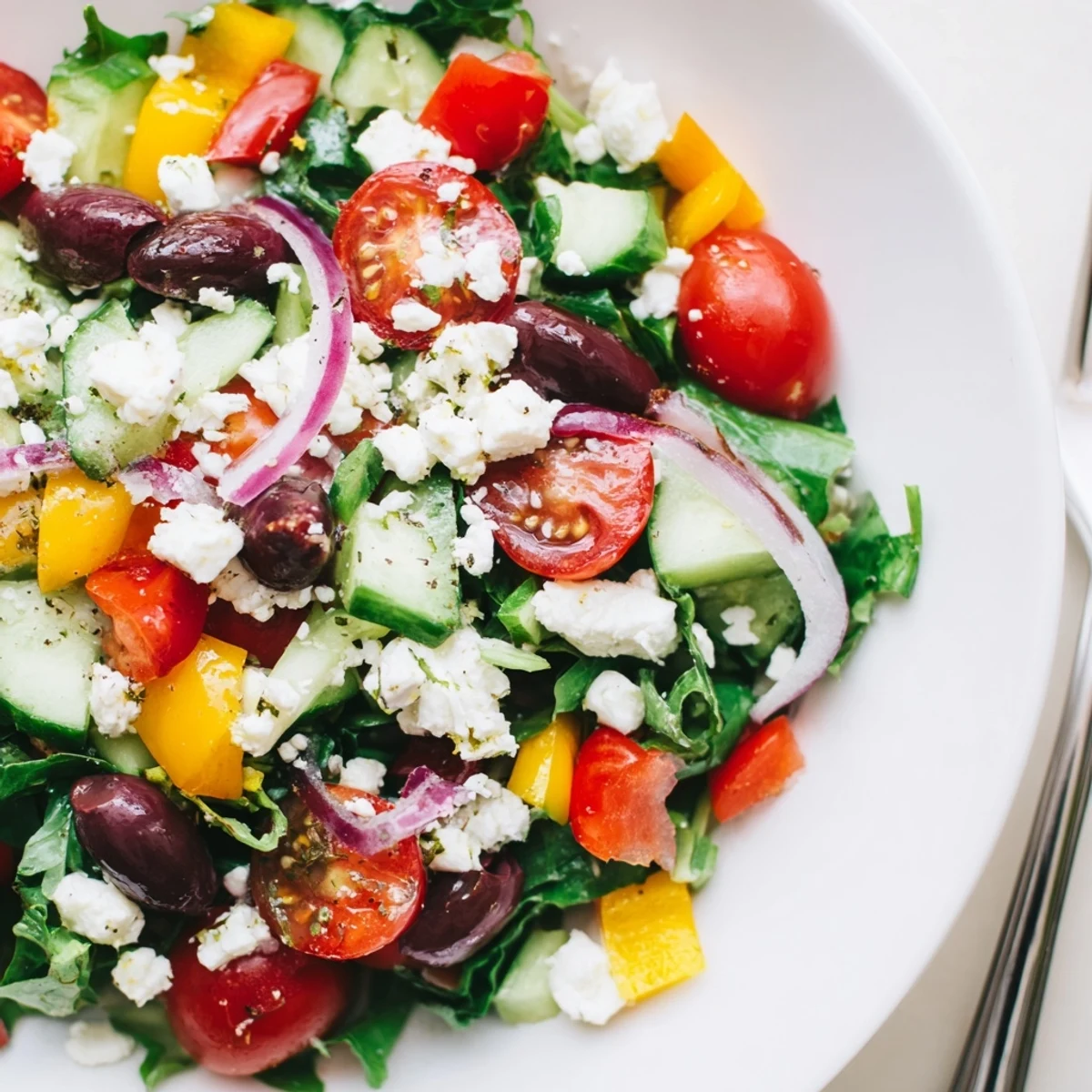 Bright Fresh Salad Recipe tossed with feta, olives, and zesty vinaigrette