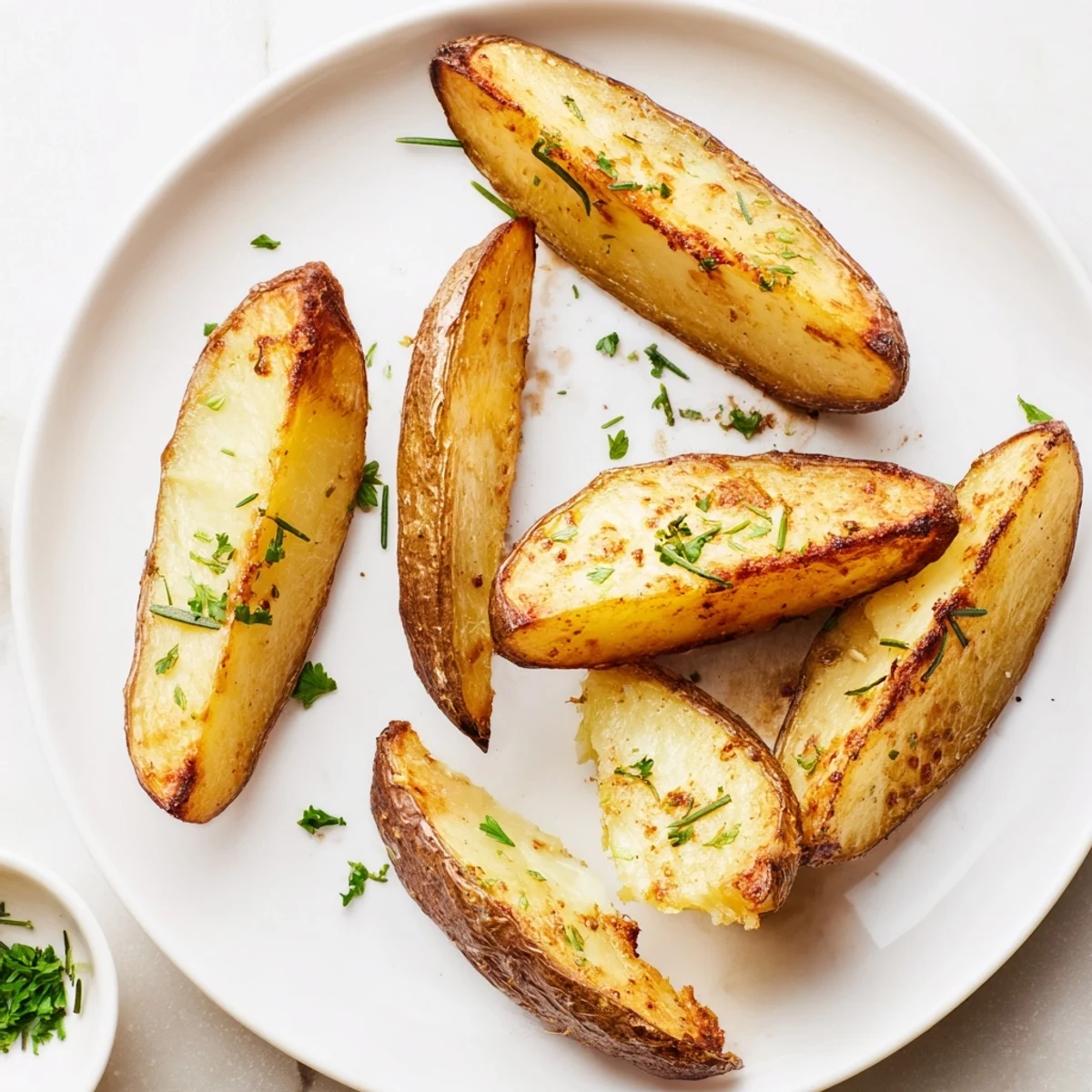 Potato Wedges crisped golden with paprika, baked and served steaming with ketchup.