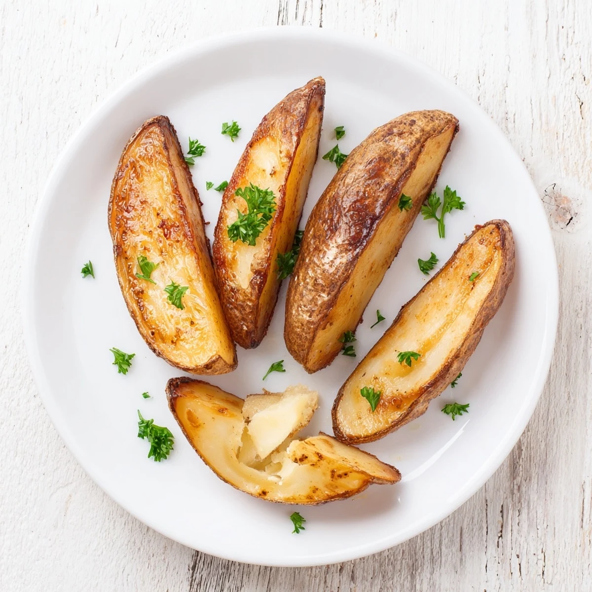 Oven-baked Potato Wedges, crunchy edges and fluffy centers, sprinkled with parsley.