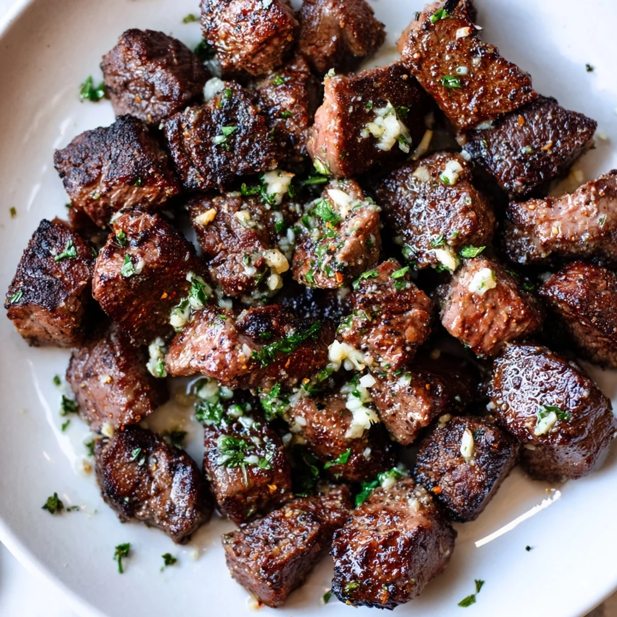 Garlic Butter Steak Bites glistening with melted butter, charred edges, parsley garnish