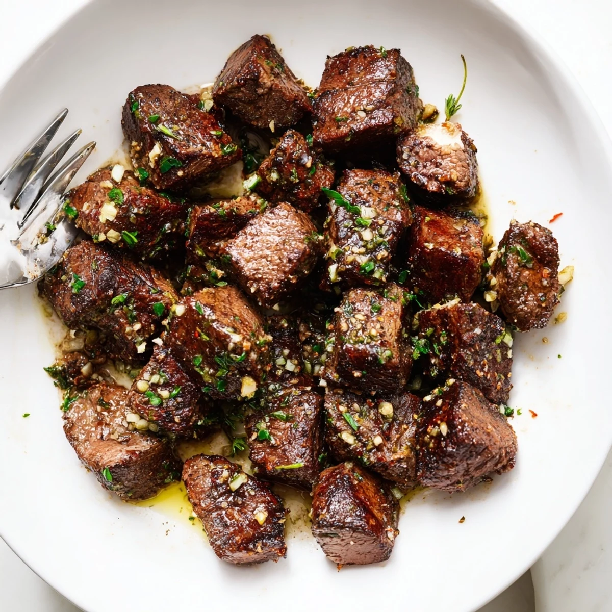 Sizzling Garlic Butter Steak Bites in skillet, tender centers, perfect with crusty bread