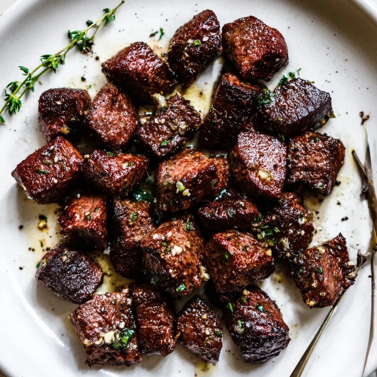 Pan-seared Garlic Butter Steak Bites tossed in garlic sauce, served over mashed potatoes