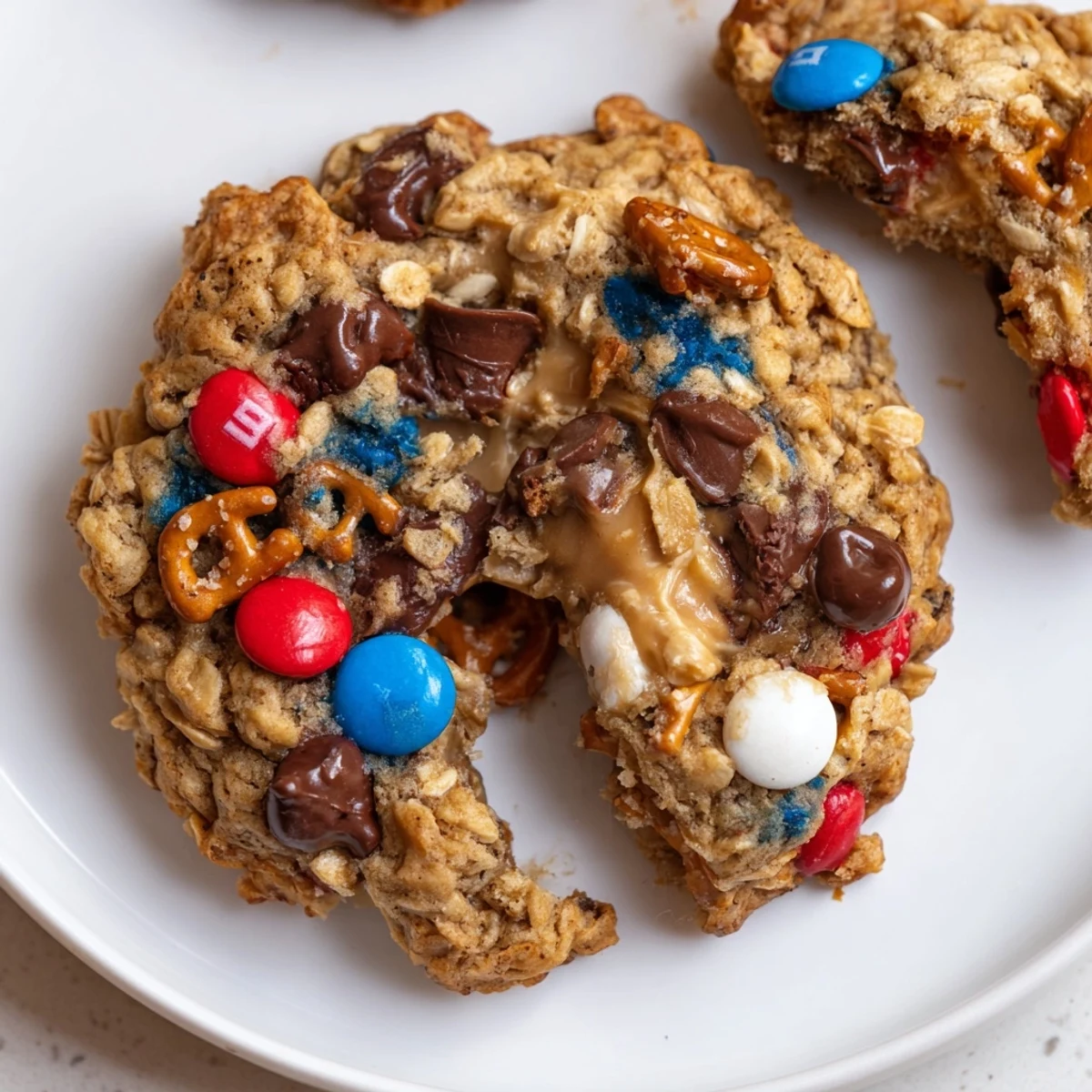 Fresh-baked Patriotic Monster Cookies Recipe on parchment, gooey centers, crunchy candy bites.