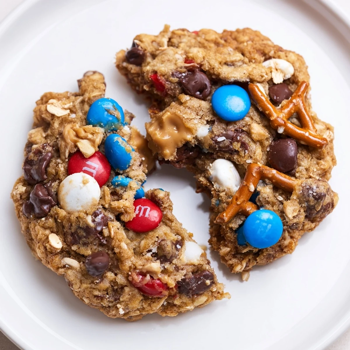 Patriotic Monster Cookies Recipe with chewy oats, peanut butter, red, white, and blue candies.