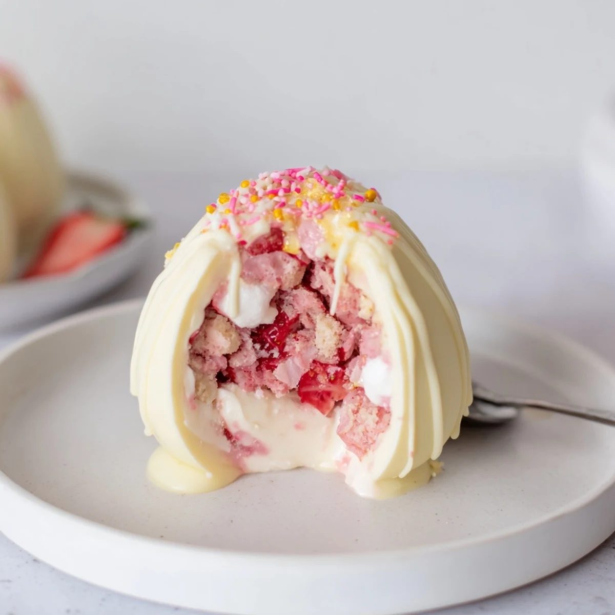 Strawberry Shortcake Easter Egg Bombs with whipped cream, crushed shortcake, and strawberries