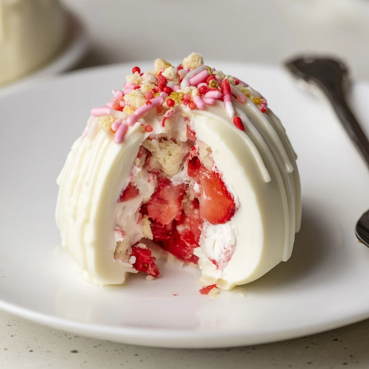 Close up of Strawberry Shortcake Easter Egg Bombs split to show creamy filling