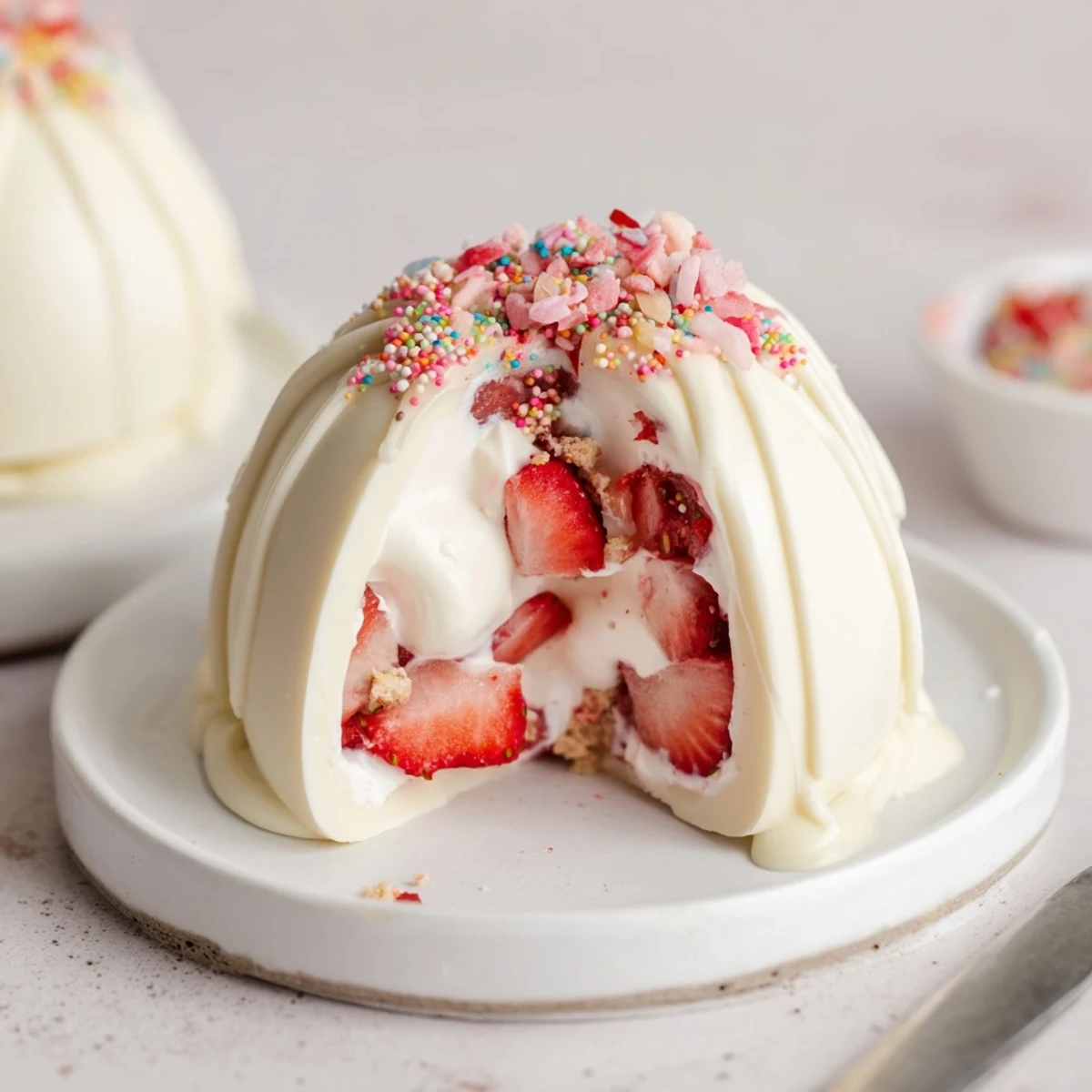 Festive Strawberry Shortcake Easter Egg Bombs drizzled with chocolate and colorful sprinkles