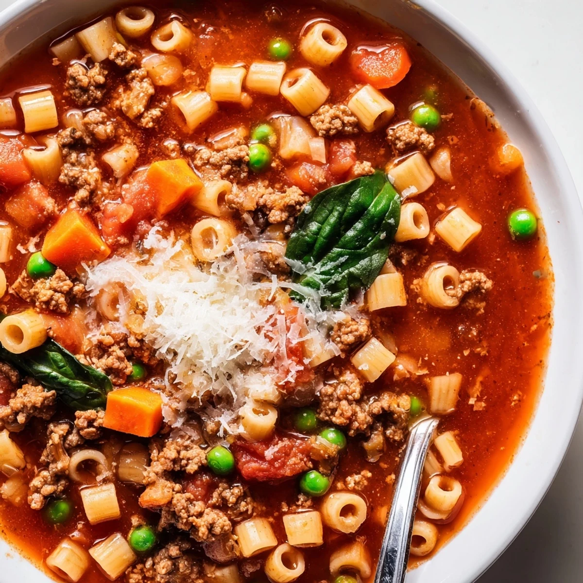Delicious Homemade Ground Beef Pasta Soup Recipe For Comfort, steaming bowl ready to eat