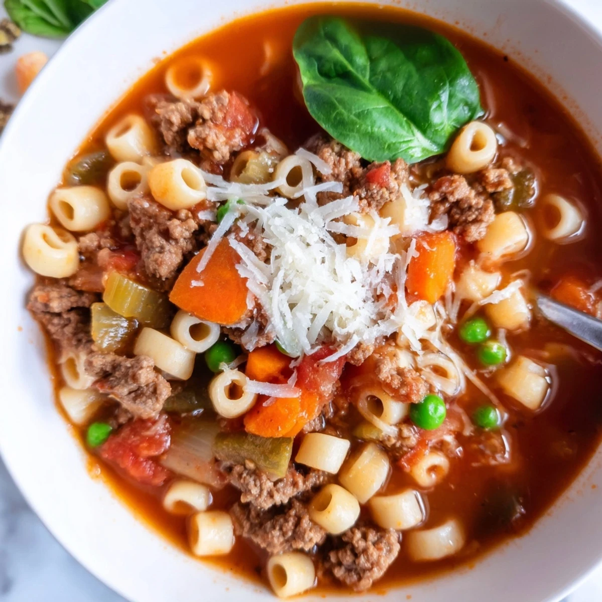 Bowl of Delicious Homemade Ground Beef Pasta Soup Recipe For Comfort garnished with Parmesan