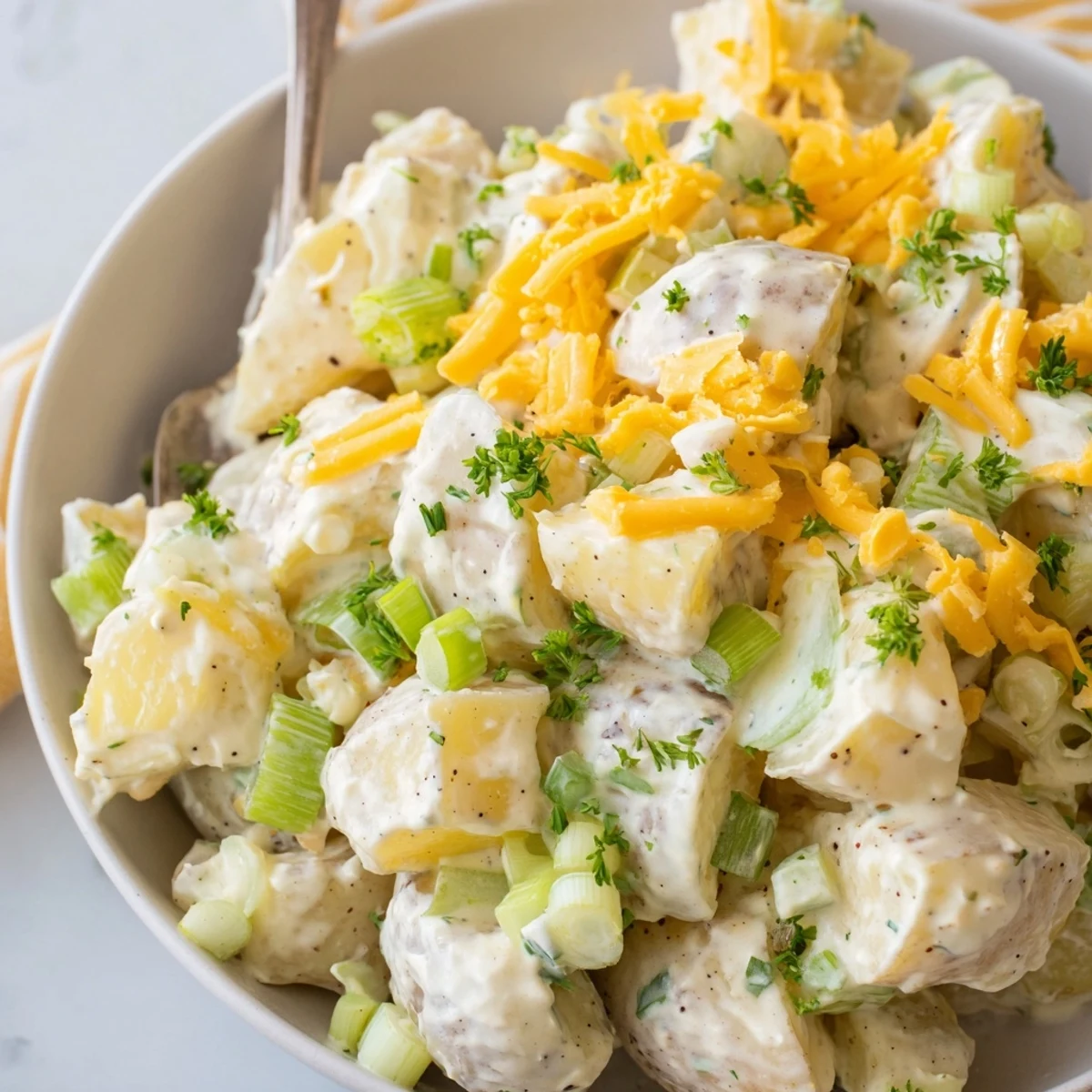 Creamy, smoky Beef Bacon Loaded Potato Salad Recipe For A Crowd Delight with cheddar