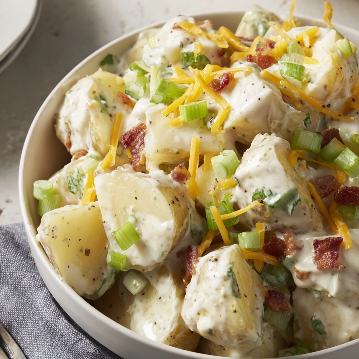 Beef Bacon Loaded Potato Salad Recipe For A Crowd Delight served warm or chilled