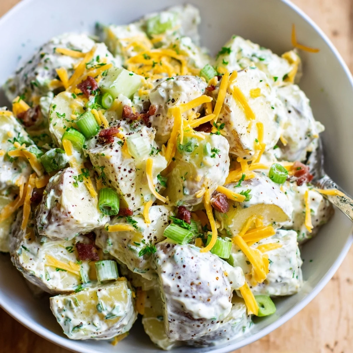 Smoky, crisp toppings on Beef Bacon Loaded Potato Salad Recipe For A Crowd Delight
