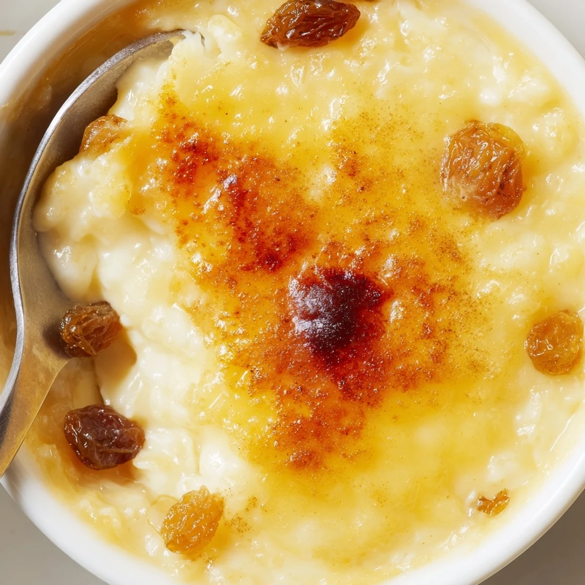 Golden topped Delicious Condensed Milk Baked Rice Pudding Recipe To Try, served warm