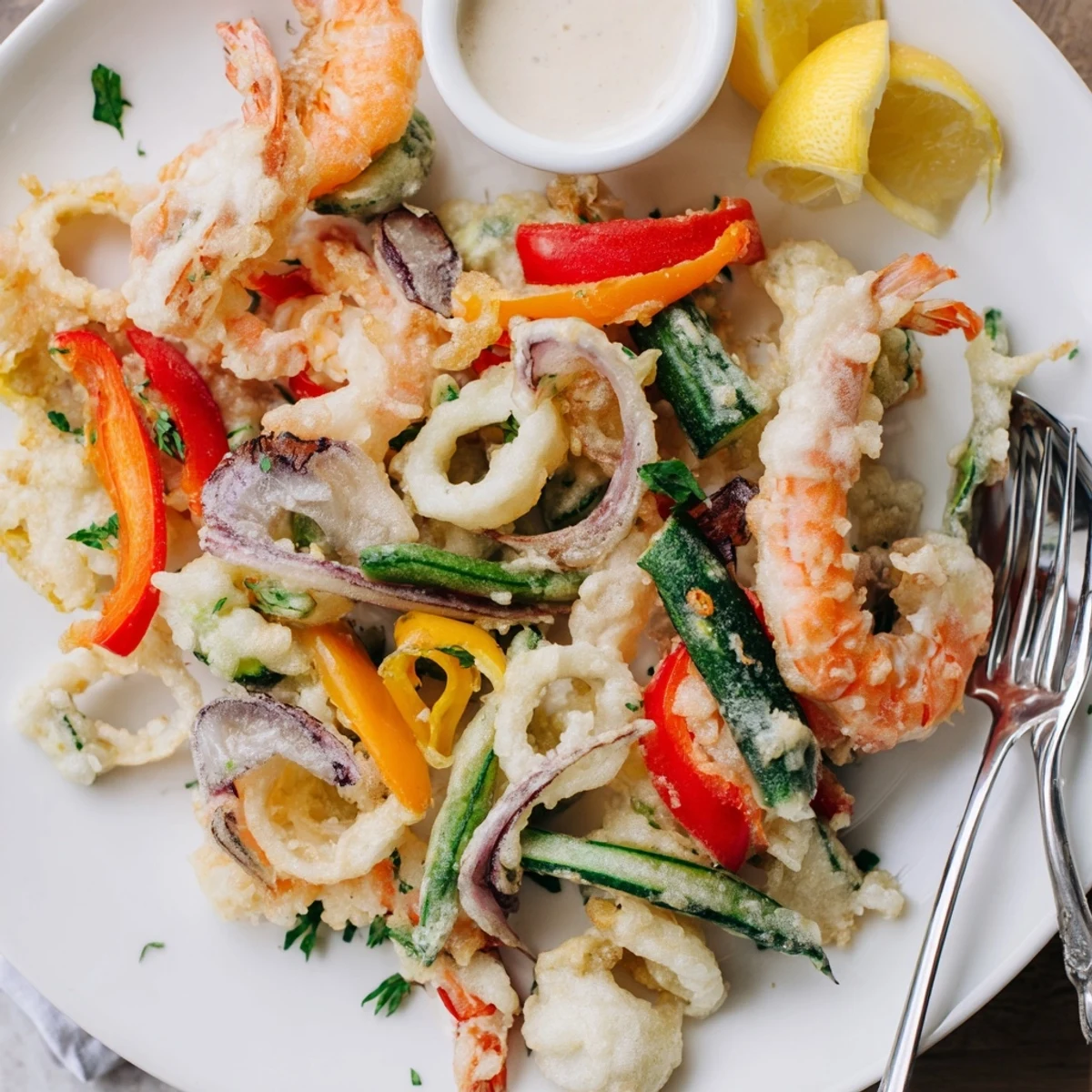 Crispy Shrimp Fritto Misto piled on platter, golden crunch, lemon wedges