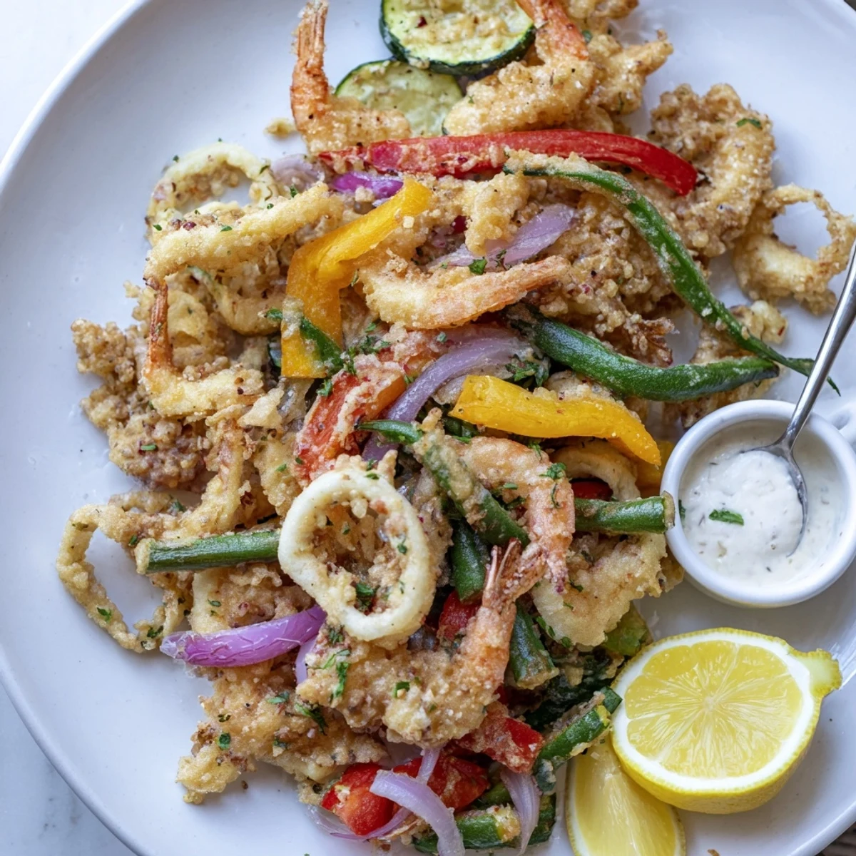 Lightly battered Crispy Shrimp Fritto Misto with parsley, served hot