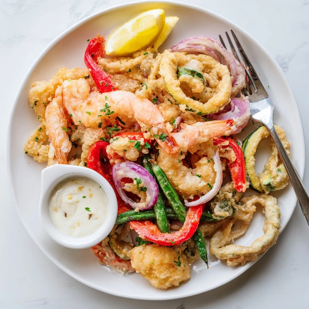 Crispy Shrimp Fritto Misto with sizzling batter, zucchini and aioli dip