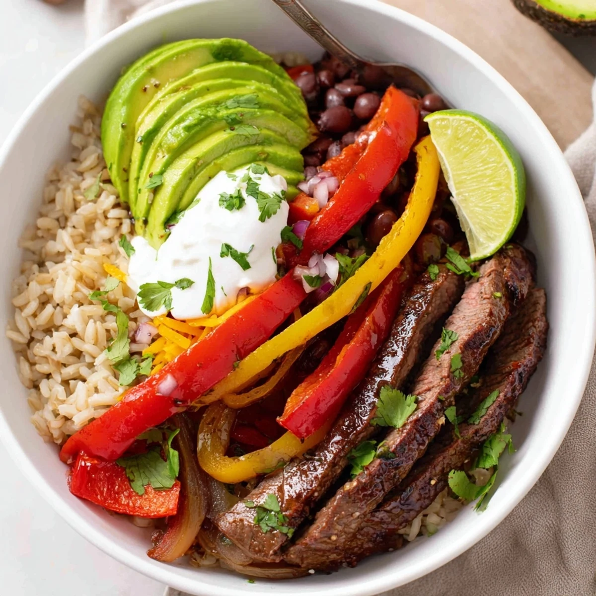Steak Fajita Power Bowls with charred steak, colorful peppers, creamy avocado slices