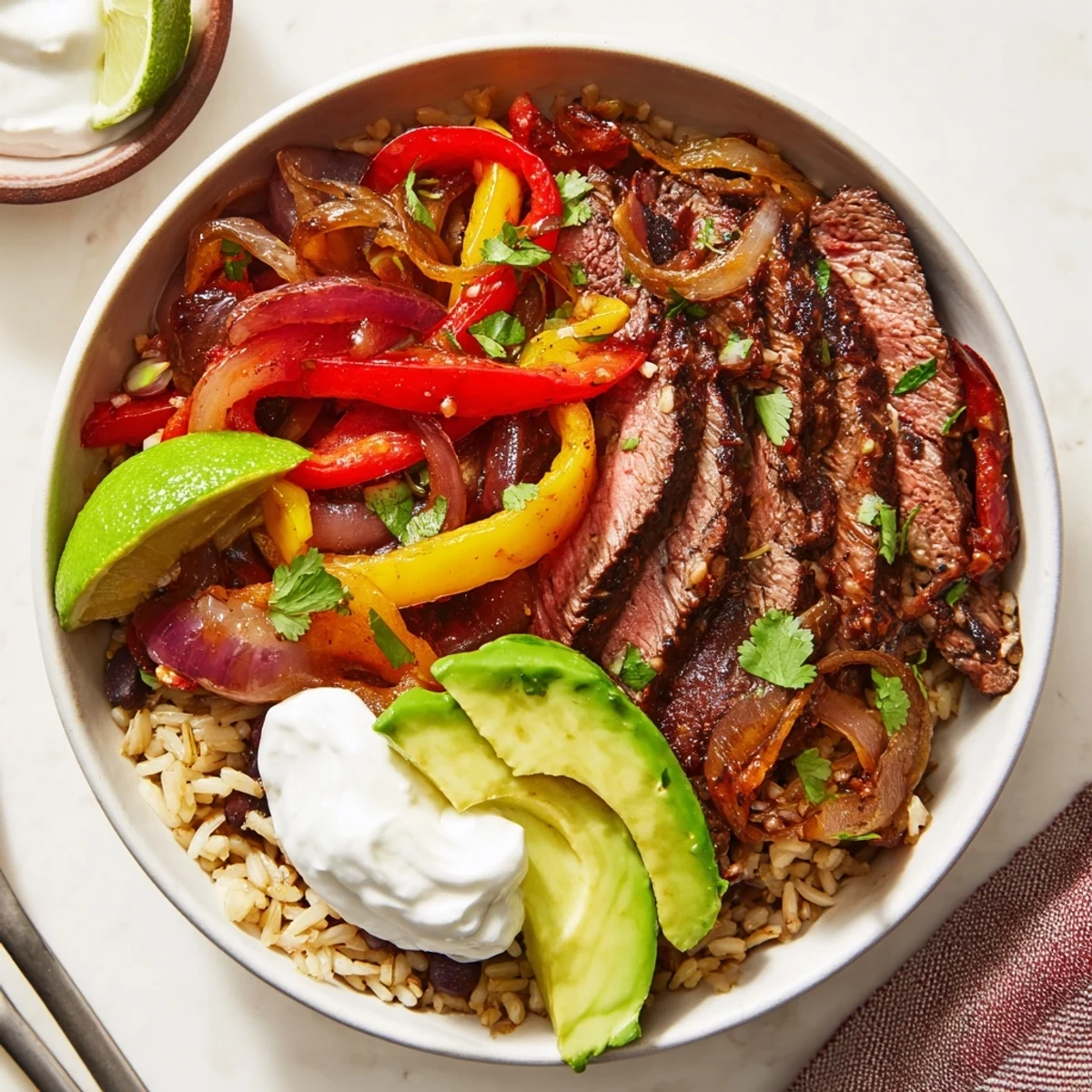 Plated hot, Steak Fajita Power Bowls garnished with lime wedges and cilantro