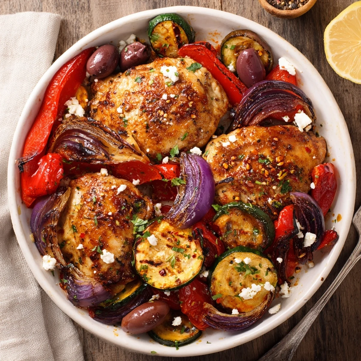 Warm Sheet Pan Mediterranean Chicken Zucchini topped with crumbled feta and parsley.